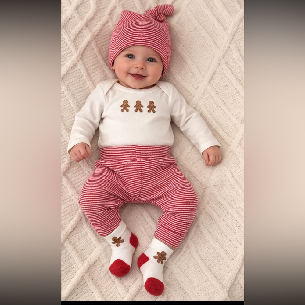 NWT! Baby Holiday Gingerbread Bodysuit & Stripe Pants Set - White & Red
